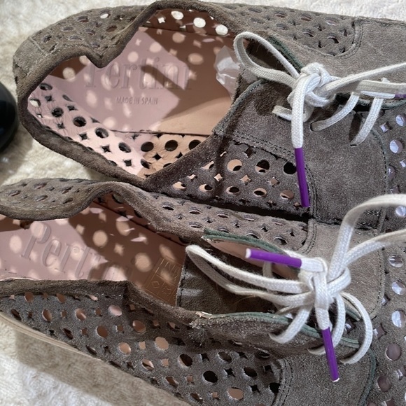 Pertini Open Design Suede w Canvas Cap Toe Striped Black Gray Non Skid Platform - Picture 7 of 9